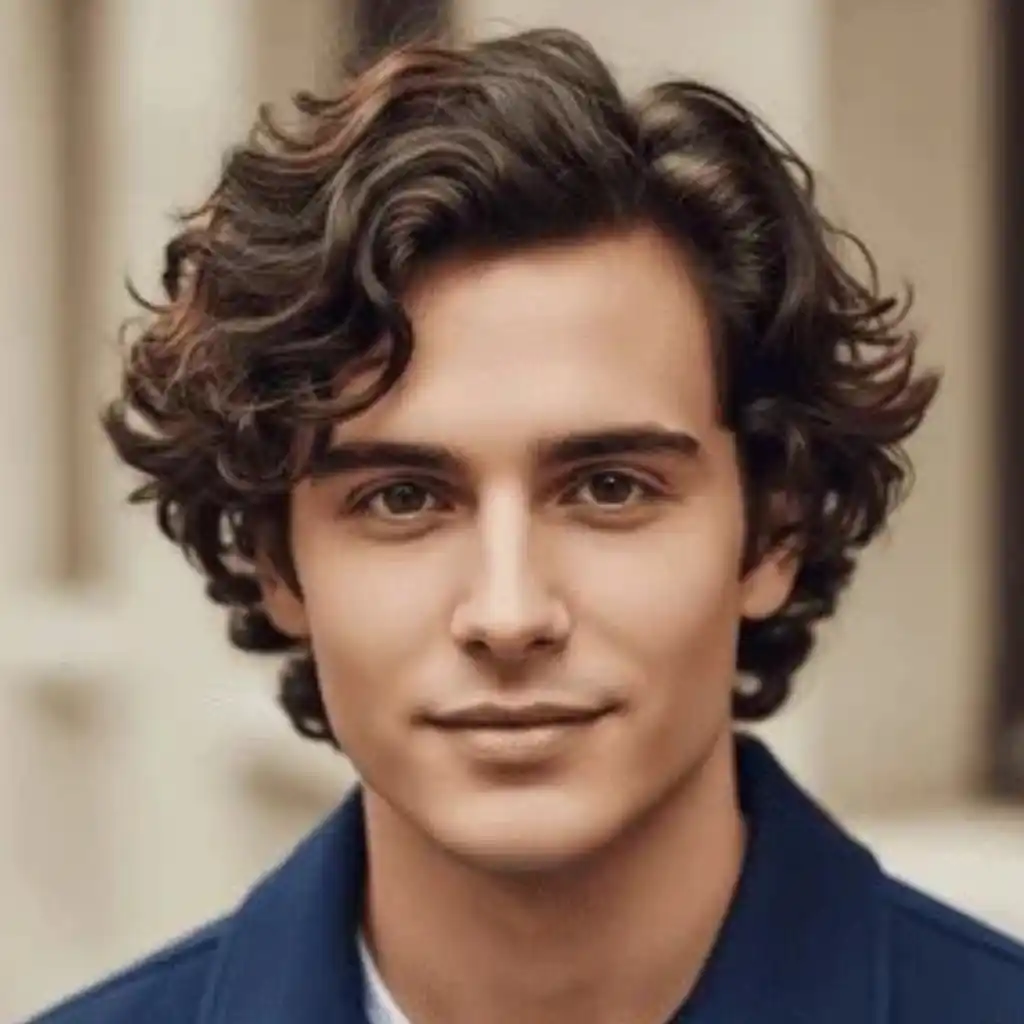 Top 24 Men Hairstyle Curls Choices 2 A young person showcasing Men Hairstyles Curls, with curly hair and a navy jacket, stands against a neutral background, exuding a casual yet stylish vibe.