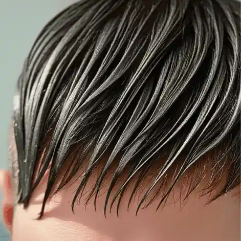 Close-up of wet, slicked-back hair with glossy strands, showcasing sharp textures and a smooth finish, ideal for greasy hair men's hair styling.