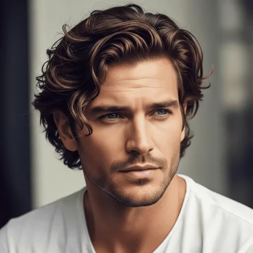 Essential Steps to Every Men's Hairstyle 2 A young man with wavy, brown hair wearing a white t-shirt, showcasing the essential steps to every men's hairstyle, set against a softly blurred background that adds depth to the image.
