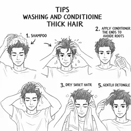Illustration outlining five steps for washing and conditioning thick hair for men: shampoo, apply conditioner, dry, and detangle gently.