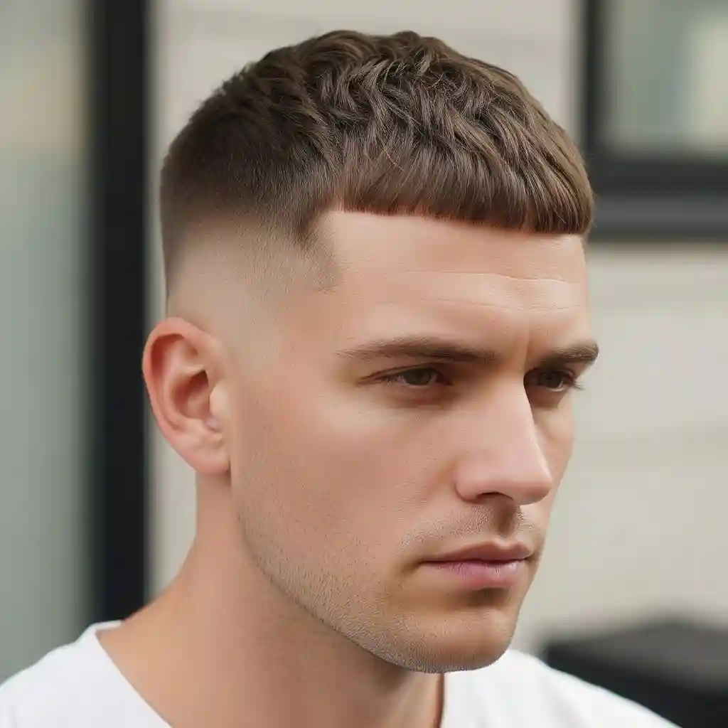 A close-up view of a young man with a stylish men's crop & crew cuts haircut featuring faded sides, wearing a casual white t-shirt.