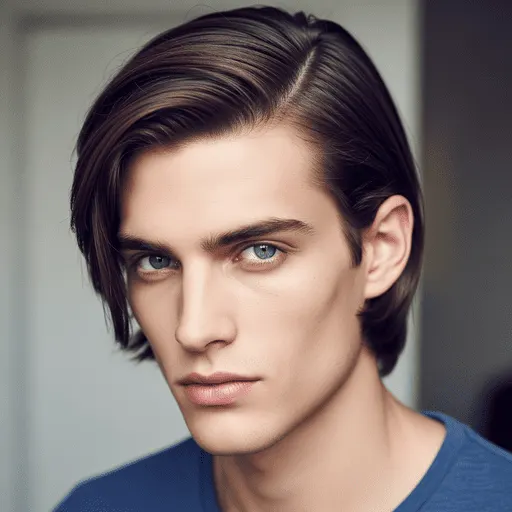 A young man showcasing one of the trending young men hairstyles for straight hair, with shoulder-length, wavy brown hair, wearing a blue shirt, posing in a softly lit interior space.