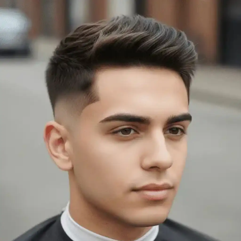 A man showcasing modern men short hairstyles with stylish, textured hair styled upwards, wearing a black hairdressing cape, posing against a blurred urban background.