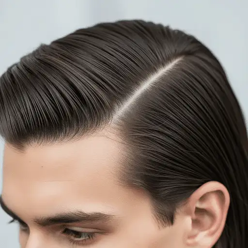 Close-up of neatly styled brown hair with a defined side part, showcasing a trendy look for young men hairstyles straight hair, against a soft, blurred background.