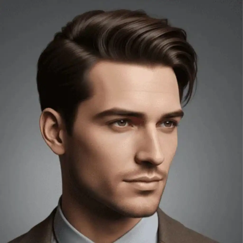 A close-up of a young man dressed in a suit, showcasing sleek, stylish hair ideal for Men Hairstyles Oval Face, against a neutral background.