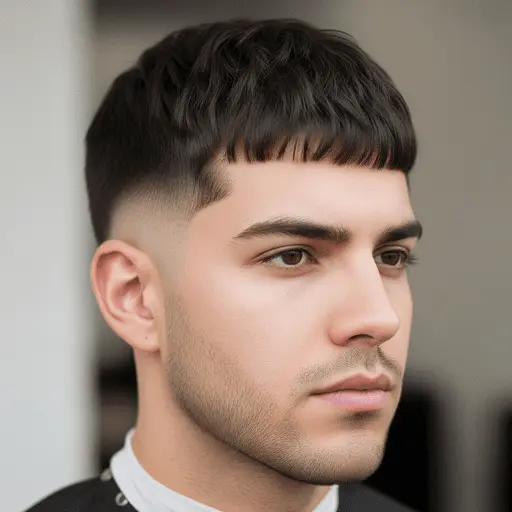 A well-groomed individual with a stylish Edgar haircut for men, featuring a fade and textured top, seated in a modern barbershop.