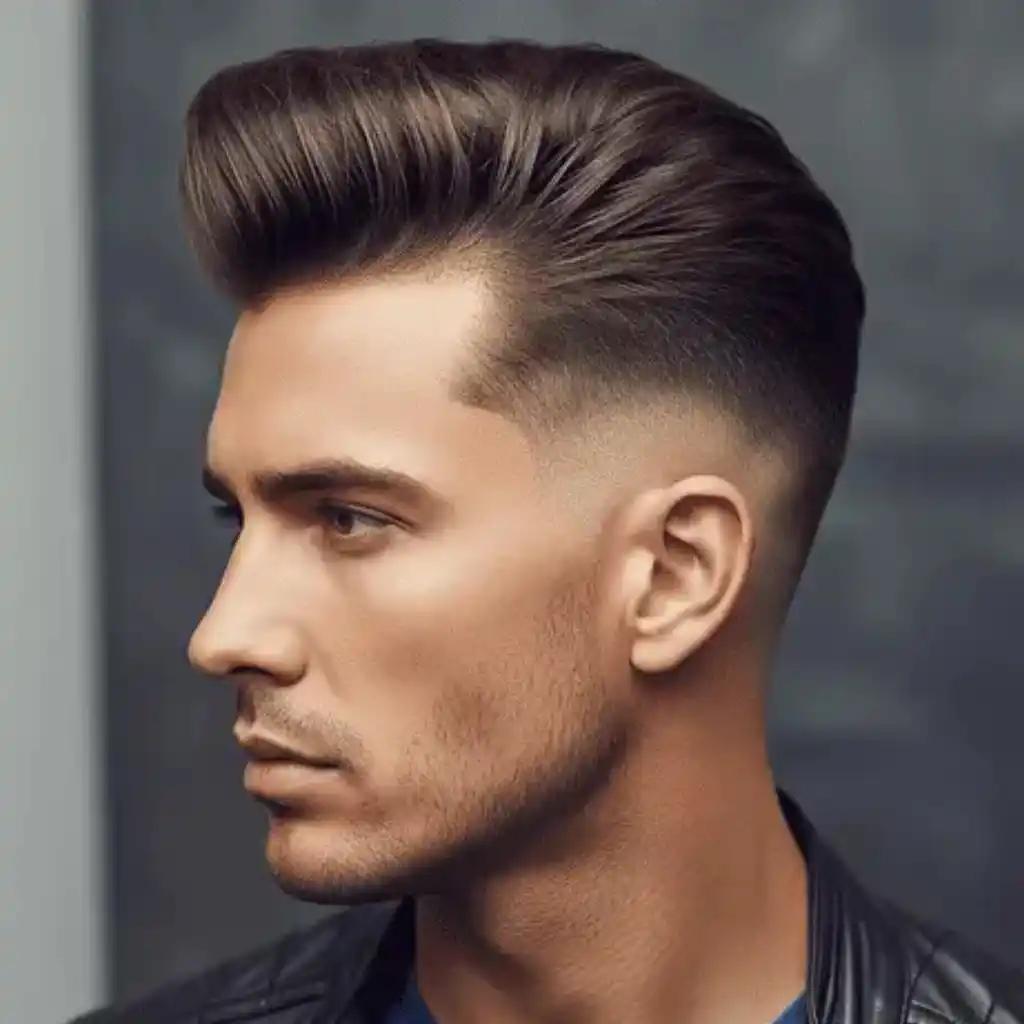 A person showcasing MODERN MEN SHORT HAIRSTYLES, featuring a stylish, voluminous top with a short, faded haircut, wearing a black leather jacket over a blue shirt.