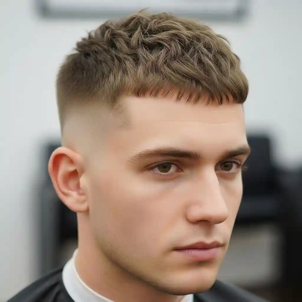 A young male with stylish short wavy hair showcasing men's crop & crew cuts, featuring a faded haircut and wearing a black barber cape in a salon setting.