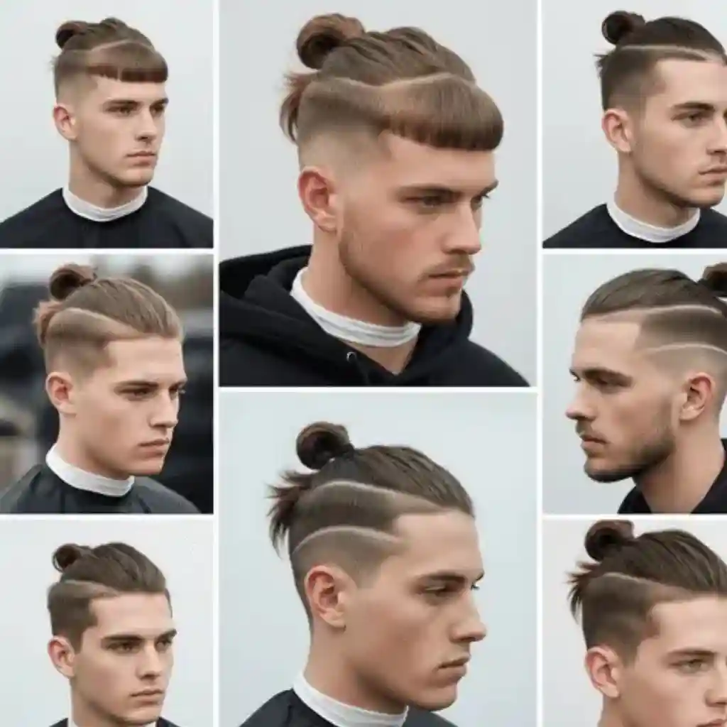A collage of seven different angles showcasing modern men short hairstyles featuring a top knot and faded sides.