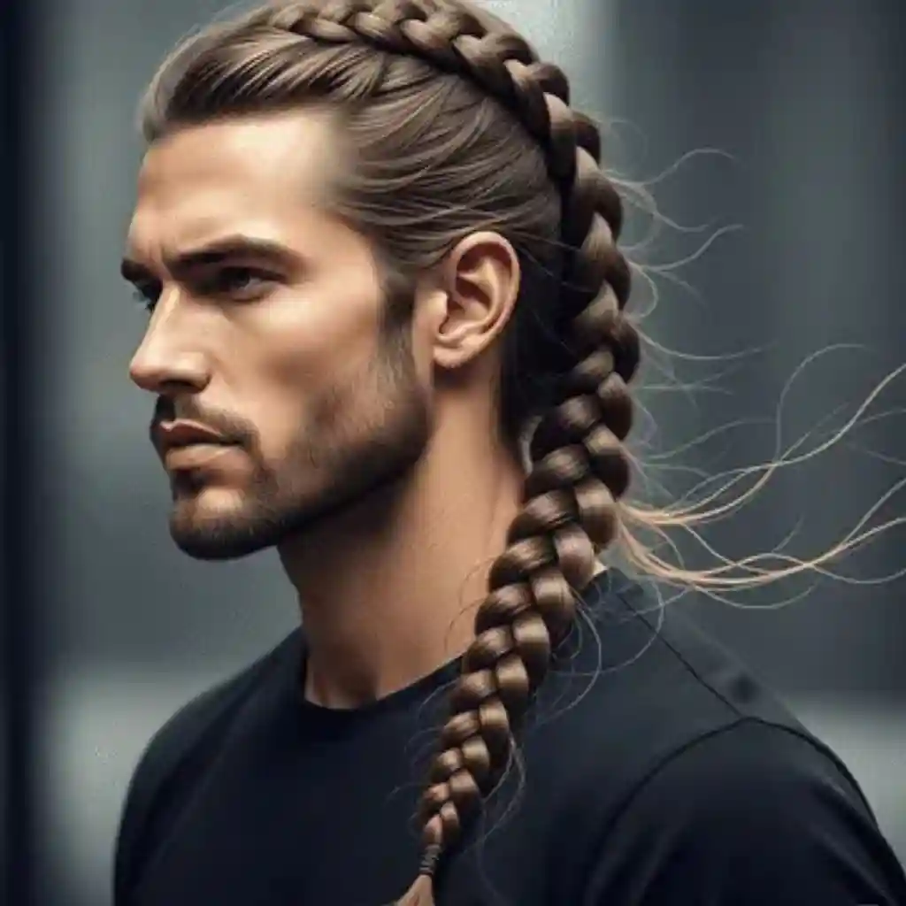 A person showcasing long hair styling for men, with intricately braided hair, wearing a black shirt, stands against a softly blurred background.