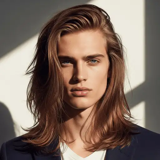 A person with long, wavy hair is wearing a dark blazer over a white shirt, illuminated by soft, natural light, showcasing a stylish example of Young Men Hairstyles Straight Hair.