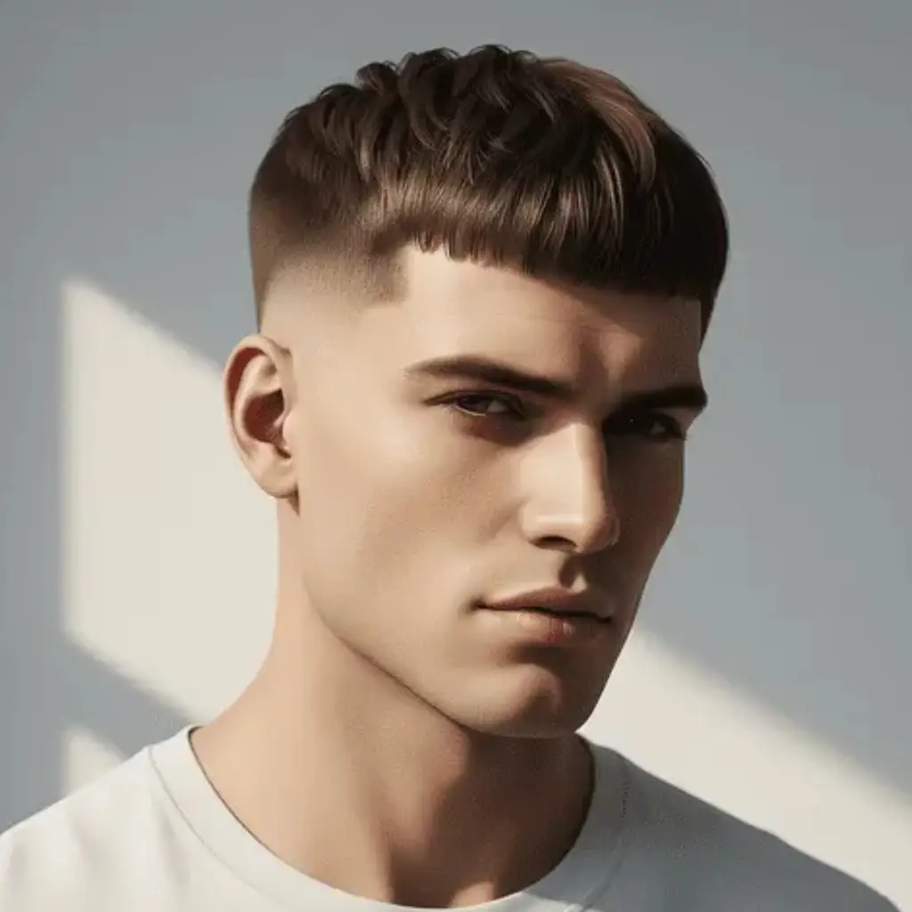 A close-up of a young man with stylish, wavy hair showcasing modern men short hairstyles, wearing a simple white t-shirt against a softly lit background.