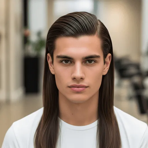 A young man showcasing a stylish look from the Young Men Hairstyles Straight Hair category, with long, sleek hair styled back, wearing a white shirt, seated in a modern, softly lit indoor space.