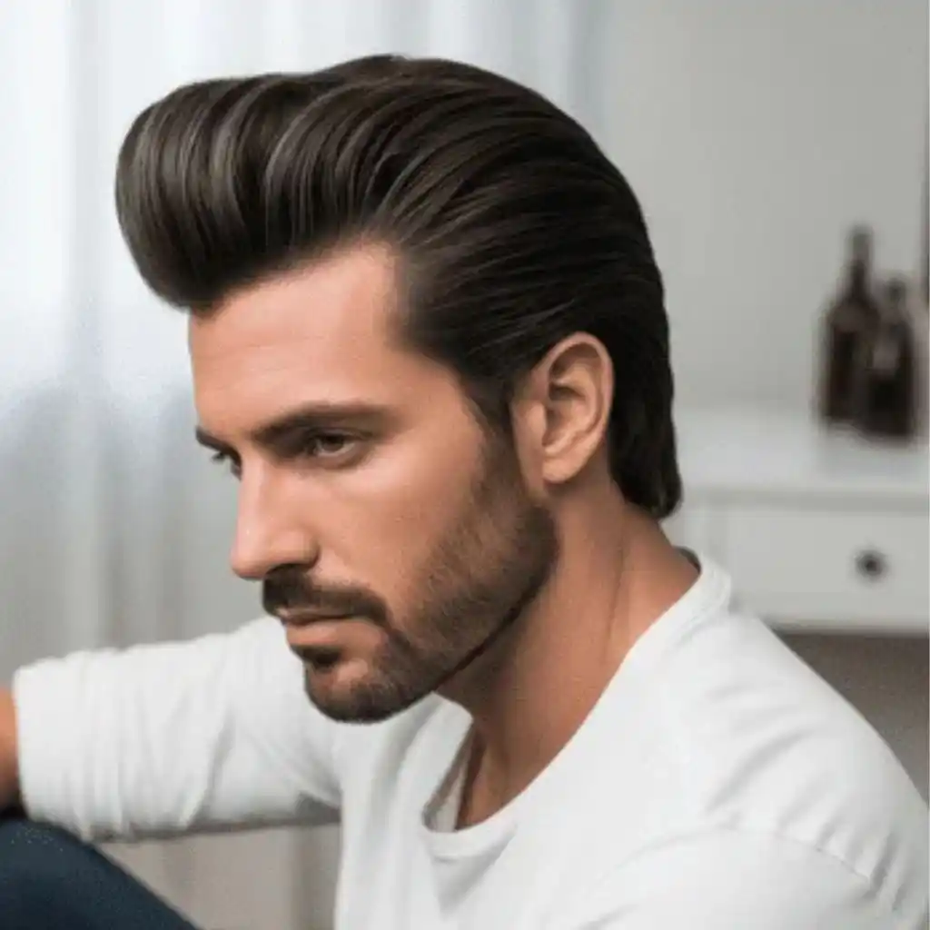 A man showcasing long hair styling for men sits casually in a light-filled room, dressed in a white shirt and blue jeans, with stylish, voluminous hair and soft decor in the background.