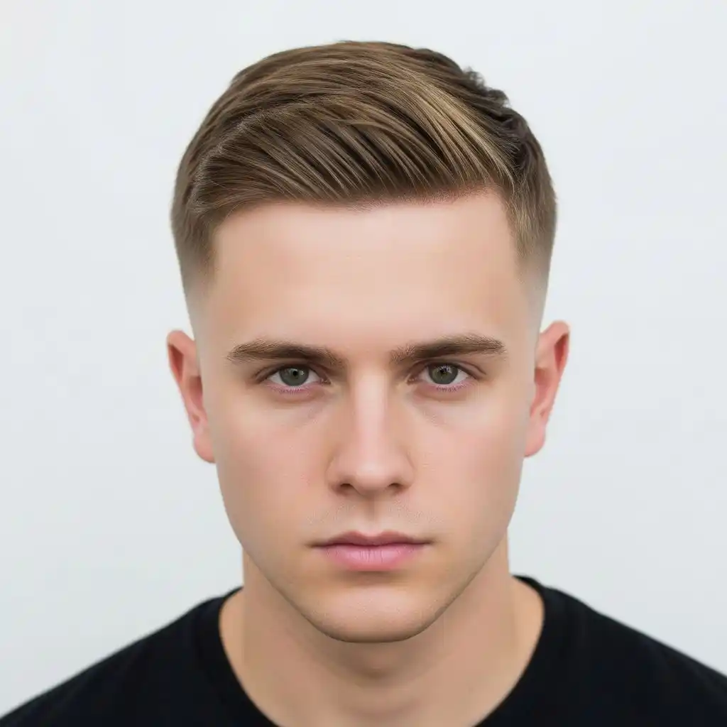 A young person with stylish MEN'S CROP & CREW CUTS, neatly combed hair, wearing a black shirt, against a plain white background.