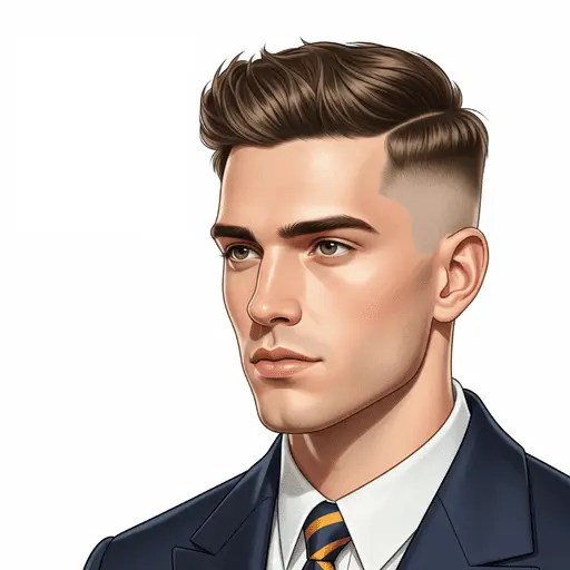 A young man with a stylish quiff inspired by Edgar haircuts for men, wearing a dark suit and tie, exuding a polished and confident appearance.