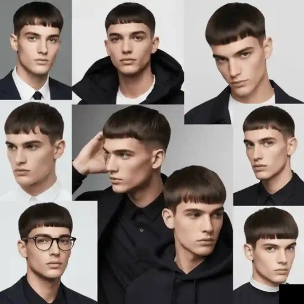 A collage of young men with various modern men short hairstyles and outfits, showcasing modern fashion styles against light gray backgrounds.
