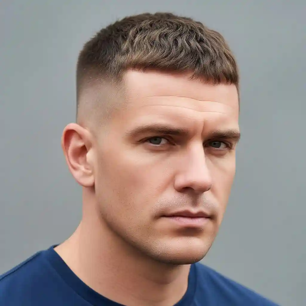 A close-up portrait of a person with men's crop & crew cuts, featuring short, textured hair, wearing a navy shirt against a neutral gray background.