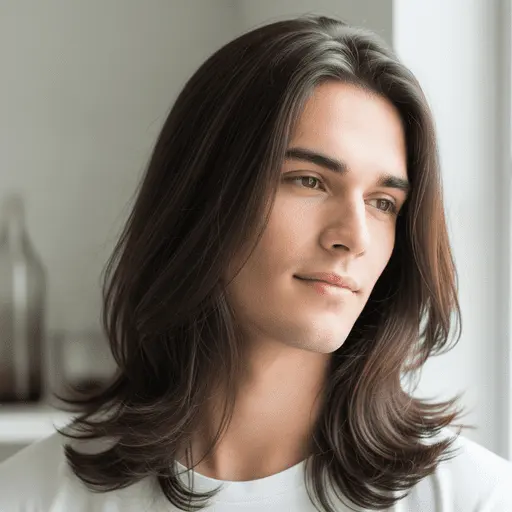 A person with long, wavy hair is seen against a soft, neutral backdrop, showcasing a calm and modern ambiance while highlighting Young Men Hairstyles Straight Hair trends.