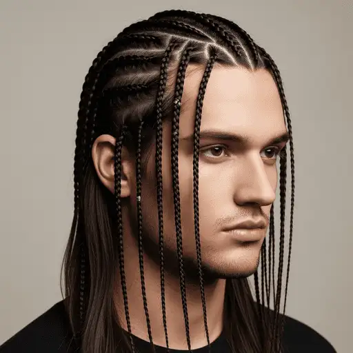 A person with long, braided hair, styled in intricate patterns, wearing a black shirt against a neutral background, showcasing one of the trendy Young Men Hairstyles Straight Hair options.