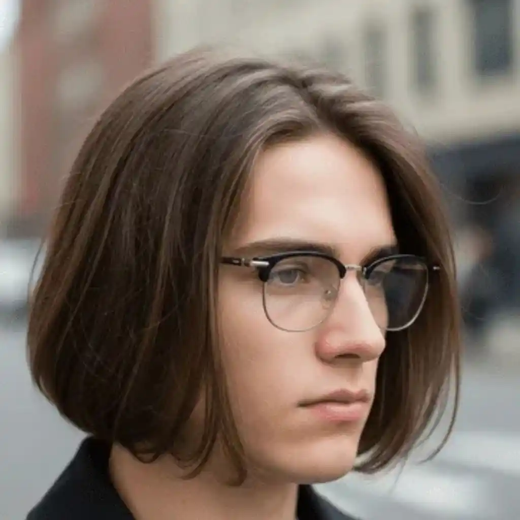 A person showcasing men hairstyles with glasses, featuring shoulder-length brown hair, wearing a black jacket and standing outdoors in a city setting.