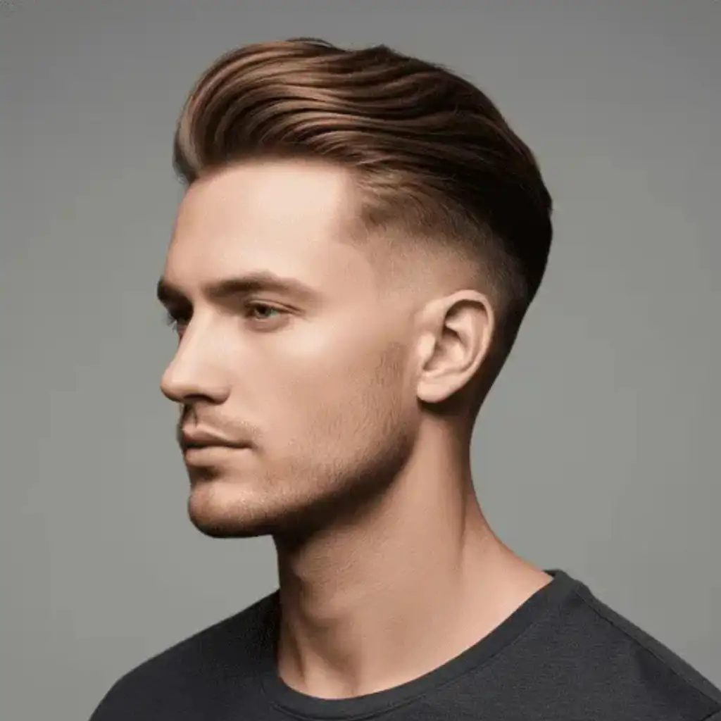 A person with stylish, voluminous hair styled upwards showcasing modern men short hairstyles, wearing a simple black t-shirt against a neutral gray background.