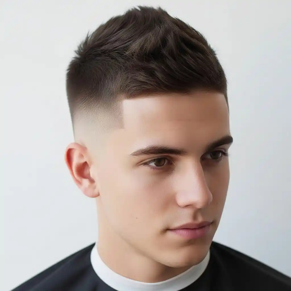 A close-up of a young man with a stylish MEN'S CROP & CREW CUTS haircut, featuring a textured top and faded sides, wearing a black barber cape.