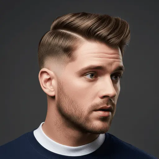 A close-up portrait of a person showcasing one of the Edgar haircuts for men, featuring a stylish faded undercut and voluminous top, wearing a navy blue shirt.