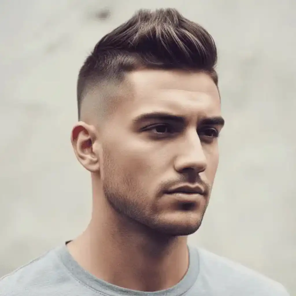A young man with modern men short hairstyles, featuring a stylish, textured haircut, wearing a casual gray t-shirt against a neutral background.