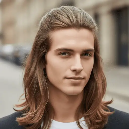 A person showcasing Young Men Hairstyles Straight Hair with long, layered hair stands in a city street, wearing a black blazer and white shirt, with a blurred background.