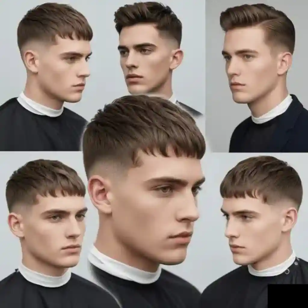Six styled haircuts showcasing various modern men short hairstyles and side fades, displayed on models wearing black capes.