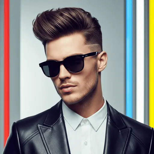 A stylish individual wearing a black leather jacket and glasses, sporting one of the trendy Edgar haircuts for men, set against a backdrop of vibrant colored panels.