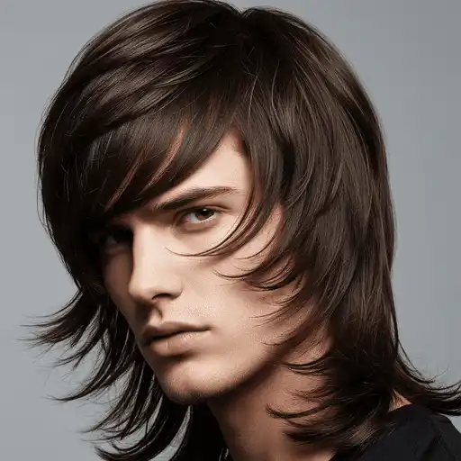A young man with straight, long, layered brown hair is facing slightly to the side against a gray background, showcasing a stylish example of Young Men Hairstyles Straight Hair.