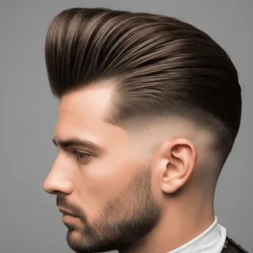 A stylish haircut featuring a voluminous slicked-back top and a faded undercut, showcasing smooth, shiny hair textures perfect for long hair styling for men.