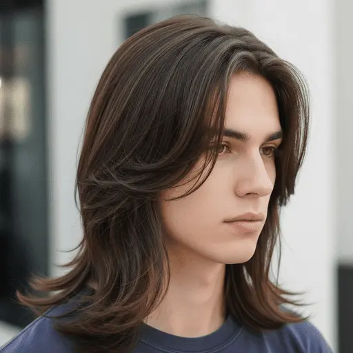 A young man with medium-length, glossy brown hair styled in soft, flowing waves, showcasing one of the stylish Young Men Hairstyles Straight Hair, stands against a light-colored background