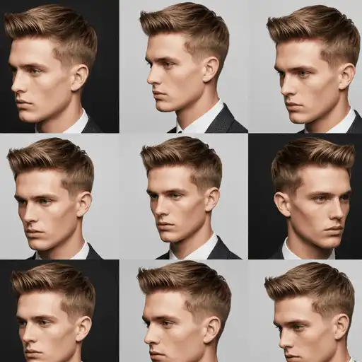 A grid of six images showcasing various hairstyles for men, including popular Edgar haircuts for men, featuring short, styled hair on a neutral background.