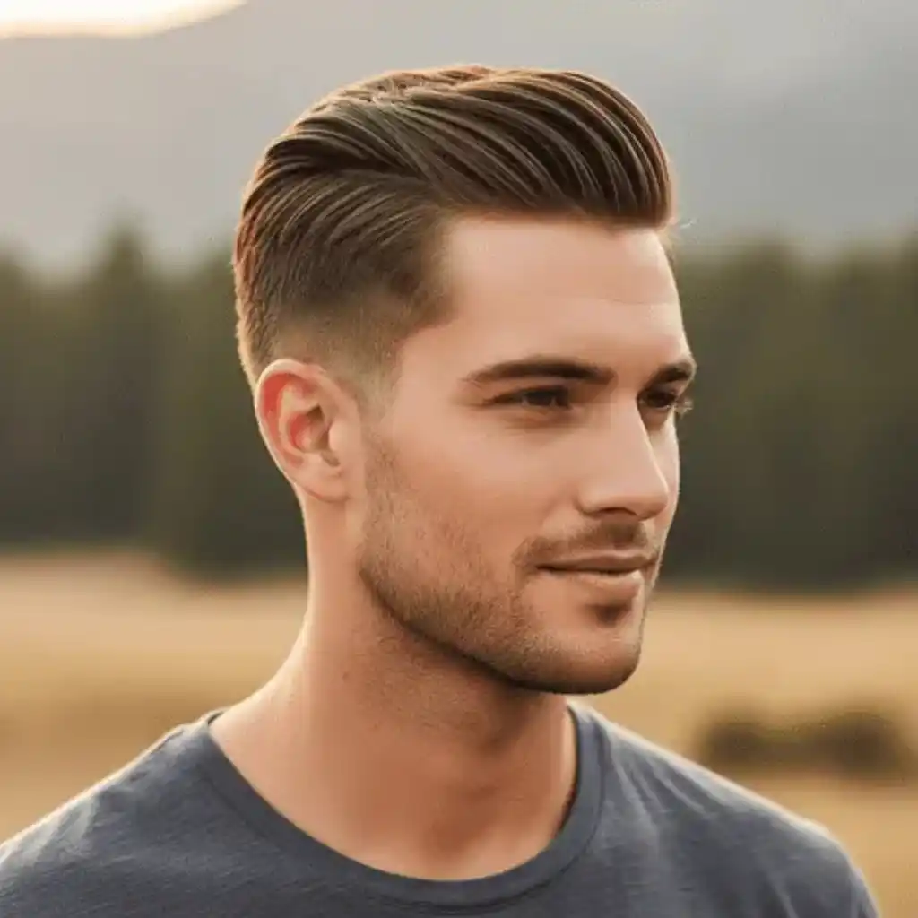 A young man with modern men short hairstyles, featuring stylish, slicked-back hair, stands in a scenic outdoors setting during sunset, surrounded by blurry trees.
