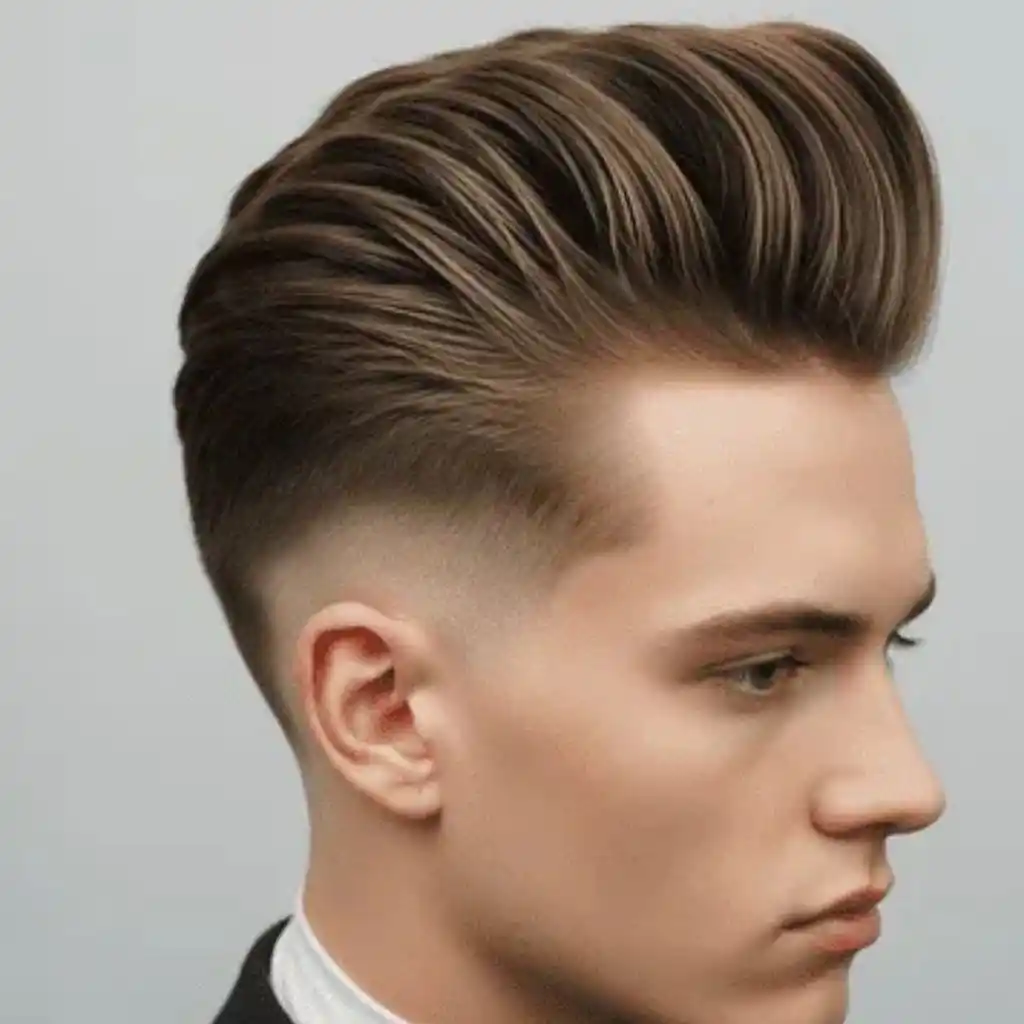 A close-up of a stylish haircut featuring long hair styling for men with voluminous, slicked-back brown hair and a faded undercut.