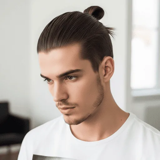 A young man with straight hair styled in a sleek, dark hair bun wearing a plain white t-shirt, standing in a bright room with a minimalist design, showcasing young men hairstyles straight hair.