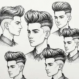 Illustration of various teenage boy haircuts, showcasing different angles and styles in a monochrome sketch format.