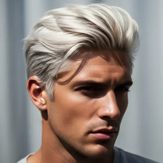 A person with stylish platinum blonde hair, representing trendy bleached hairstyles men, gazes thoughtfully into the distance. The image is dramatic, with strong contrasts and soft shadows.