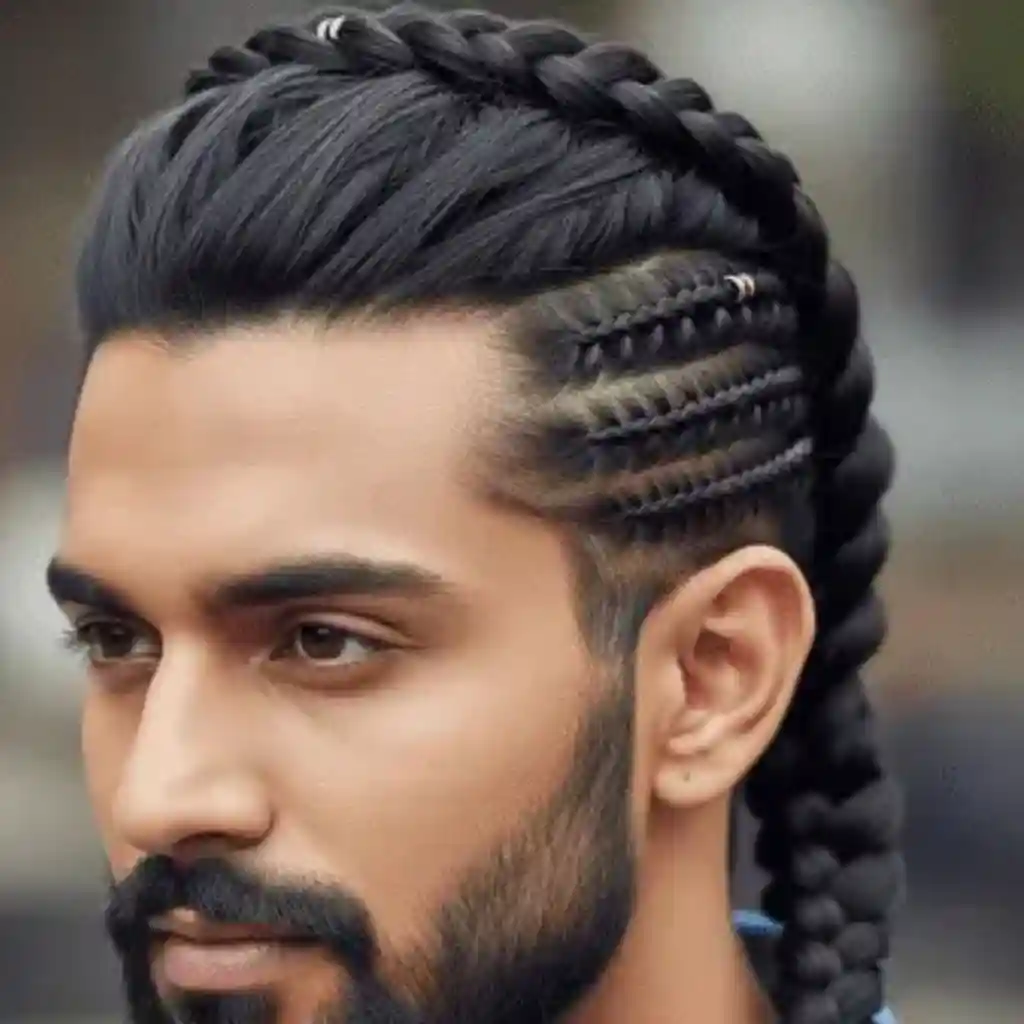 Men Hairstyles Indian- Trendy Looks For Your Unique Personality 3 A close-up of intricately styled black braids, showcasing various patterns and textures, complemented by metallic accessories — a modern example of men hairstyles Indian style.