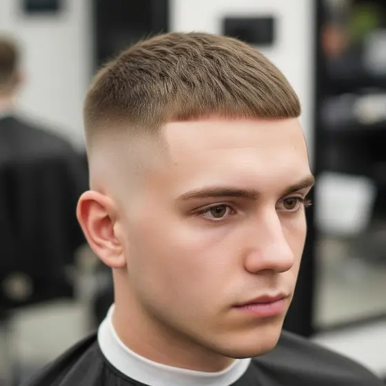 The Best Hairstyles for Drop Fade for Men 6 A close-up of a young man's haircut, featuring a stylish drop fade for men with a textured top, in a modern barbershop setting
