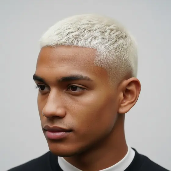 A person showcasing one of the trendy bleached hairstyles men prefer, with short, textured platinum blond hair and smooth skin, gazes thoughtfully to the side. They wear a black shirt, conveying a calm, stylish tone.
