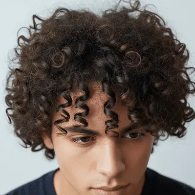 Essential Steps to Every Men's Hairstyle 3 A close-up of a person with voluminous, dark brown curly hair, illustrating the essential steps to every men's hairstyle, set against a neutral background.