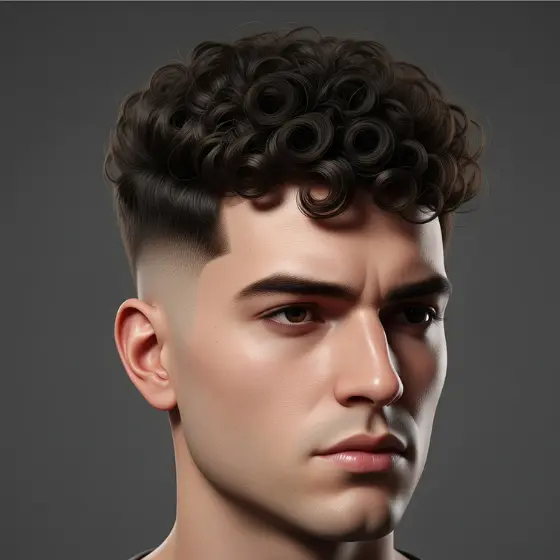 A young person with tight, dark curly hair and a drop fade for men haircut against a neutral gray background. Their ear is visible on the left side.