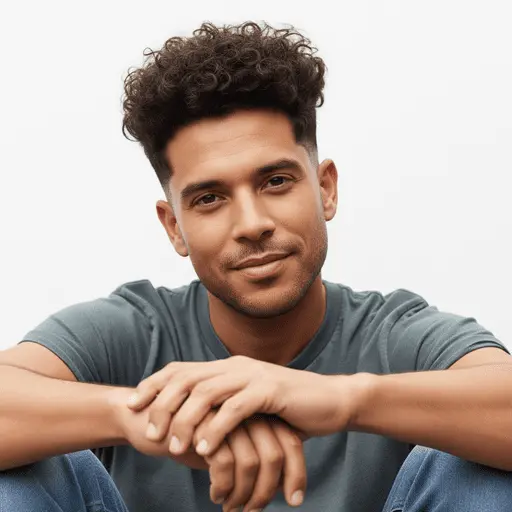 Edgar Hairstyles for Men- Top Styles You Needs to Try 3 A person with curly hair styled in a modern variation of Edgar haircuts for men, sitting casually with hands clasped in front, wearing a gray t-shirt against a neutral background.
