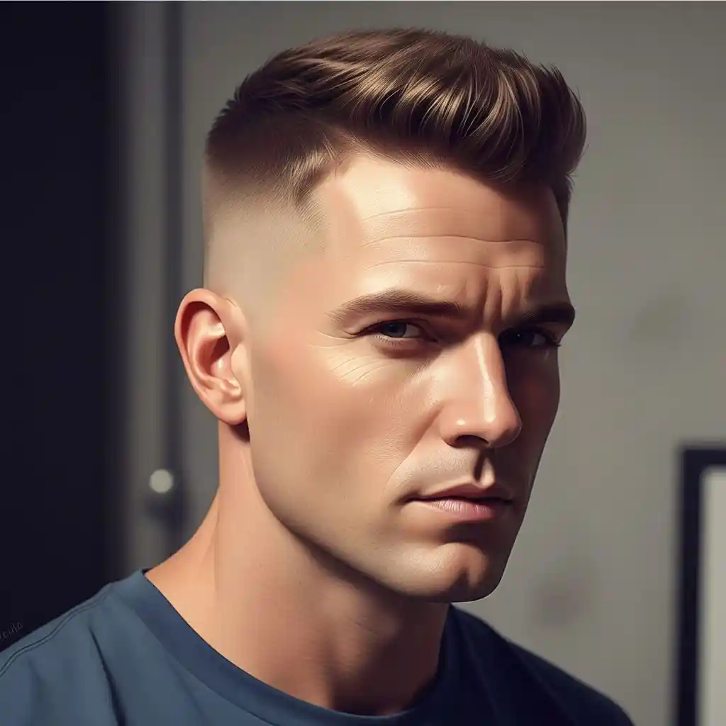 26 On-Trend Men's Crop & Crew Cuts 3 A young man with stylish, textured hair featuring MEN'S CROP & CREW CUTS and a fade haircut, wearing a blue shirt, poses against a neutral background.