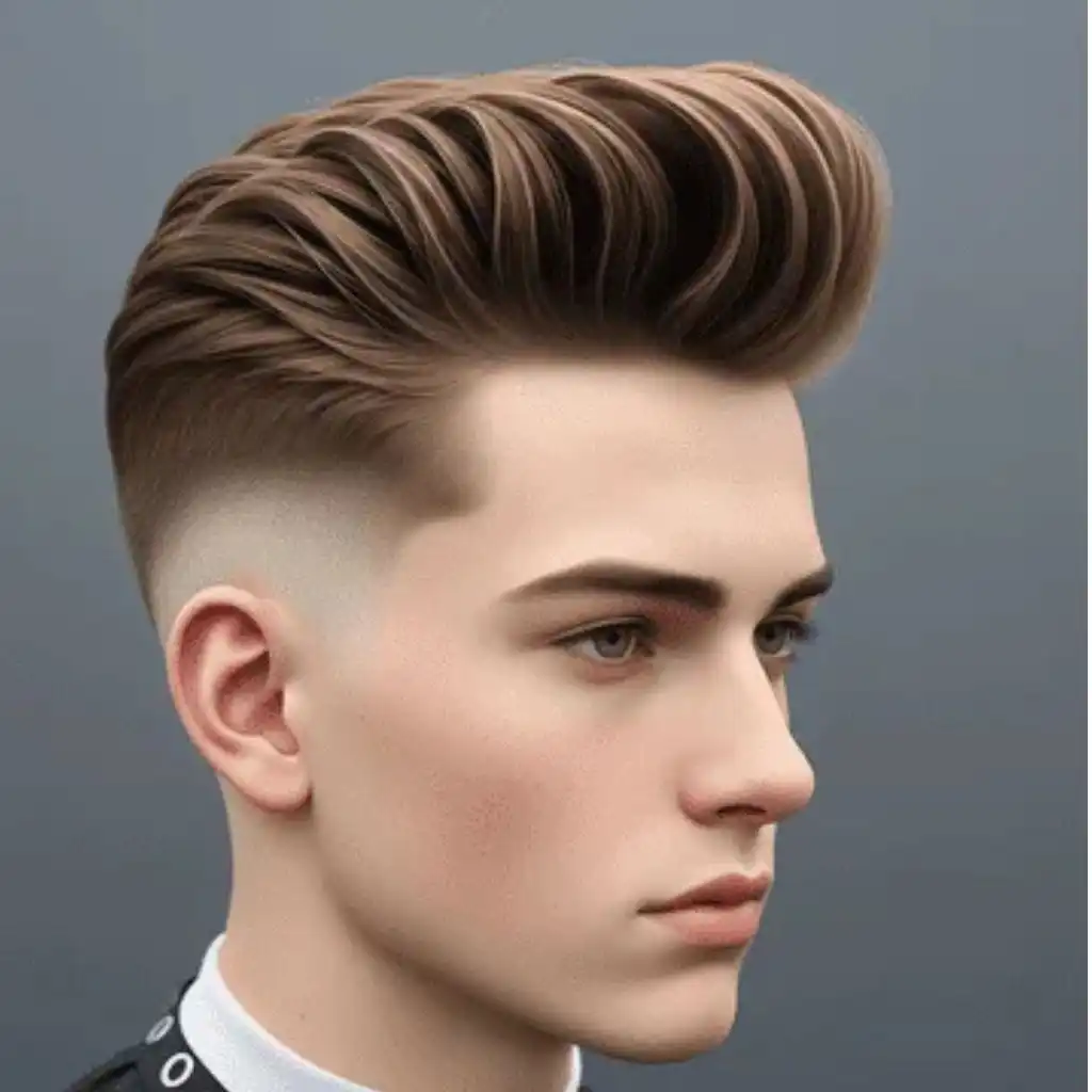 Trendy 16 Men Hairstyles Long Face 3 MEN HAIRSTYLES LONG FACE — a stylish haircut featuring voluminous, textured top hair and a clean, faded undercut, complemented by a black salon cape.