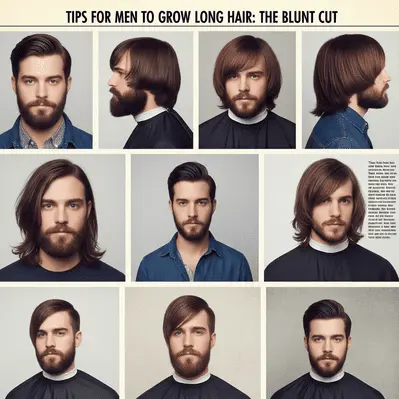 Collage of men's hairstyles showcasing various lengths and styles of blunt cuts, highlighting tips for growing hair out hairstyle and achieving long hair.